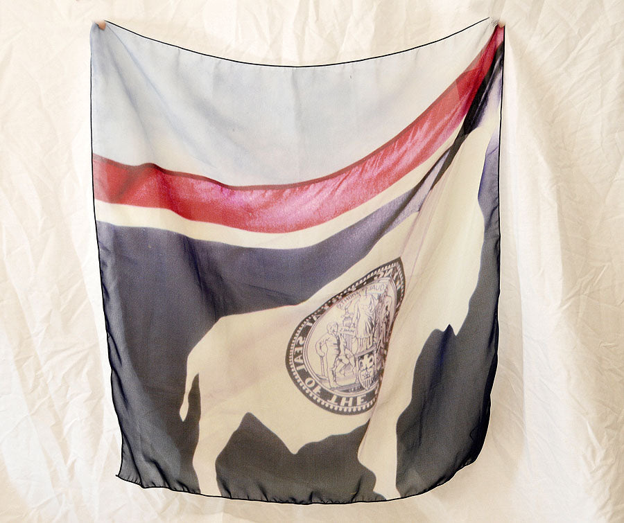 Showing the Wyoming Flag scarf open as it's 26 " x 26" square size