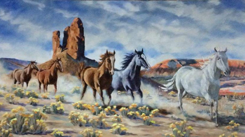 A small band of horses running past the Boar's Tusk rock formation in the Red Desert of Wyoming in this origianl oil painting.