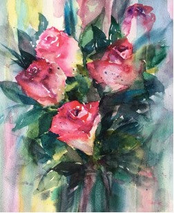bouquet of red and pink roses with green leaves on a multi background. Ready for a frame of your choice. From the Artist's original watercolor painting.