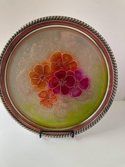 " Orange And Pink Flowers " Silver Serving Tray