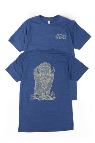 Bison, original art by Favian Hernandez and Wyoming Cactus on the front t shirt. Denim blue, short sleeve with sand stone colored artwork.