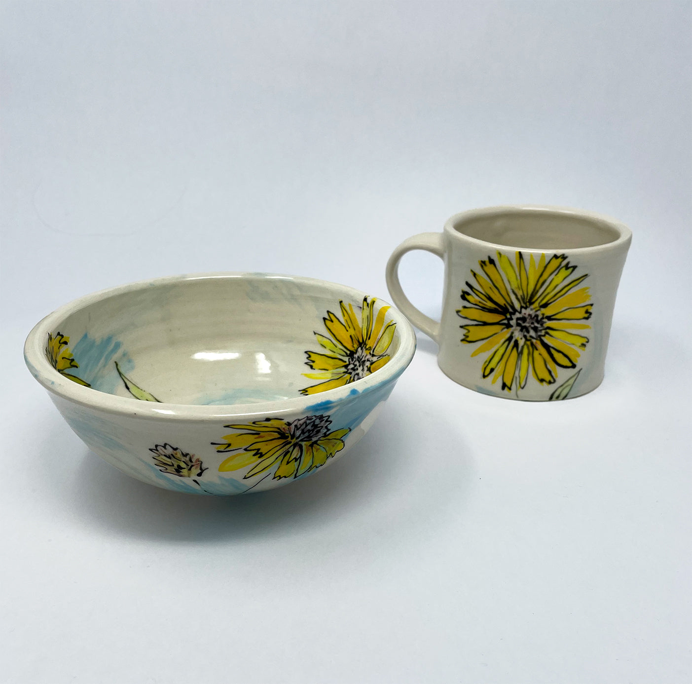 Choose a set of bowl and mug, hand thrown, procelain mug and bowl with blue wash.