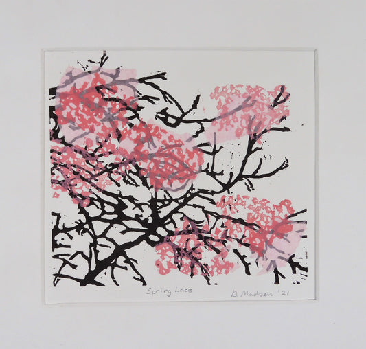 " Spring Lace " Matted Original Relief Print Artist: Ginnie Madsen  Pink flowers bloom on branches  Mixed media blossoms  2 1/2" white matting around the relief print  7" long x 6 1/2" high print only  12"long x 12" high x 1/16" wide as matted  Ready for a frame  Origi