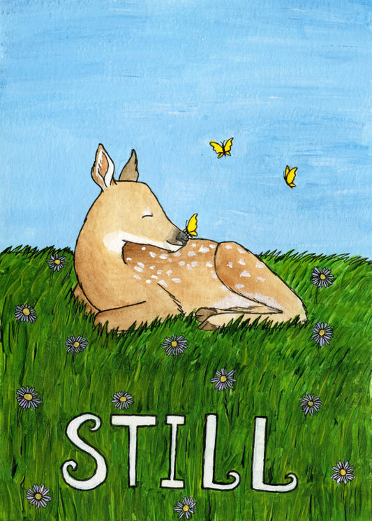 Print from Original artwork  A fawn deer with yellow butterflies flying around as the fawn lays in the green grass with purple flowers   5" wide x 7" long x 1/16" deep