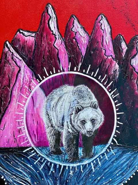 Original Acrylic Painting Artist: Sarah Alice Art  Framed  Original Acrylic  Painting  Circle with grizzly bear  Standing in water, over red sun  Pink mountains in background  Framed piece: 20" x 25.5" x 1.5"  Unframed piece is 18" x 24"
