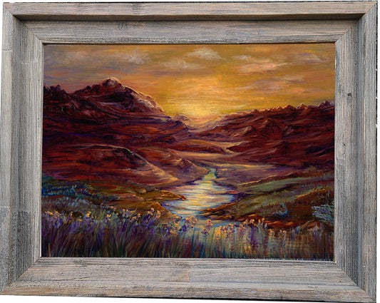 "Sunset Blvd" Framed Original Oil on Canvas Artist: Melonie Jones Beautiful mountain stream set against a sunset sky  12" X 16" picture  19" Long  X  15" Wide  X  3/4" Deep  Rustic frame with gray accents   Would look great on the wall or on an easel on the fire place  Please note, each  piece is custom designed by the Artist , with a slight variation between each piece