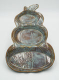 Sectional Pumpkin Ceramic Platter Ceramist: Tamara Rodgers  3-part sectional pumpkin and sunflower serving platter  Stonewear dimensions:  13.5 inches long, 9 inches wide at base, 7 inches wide middle, 6 inches wide top  Silver Sage Ceramics