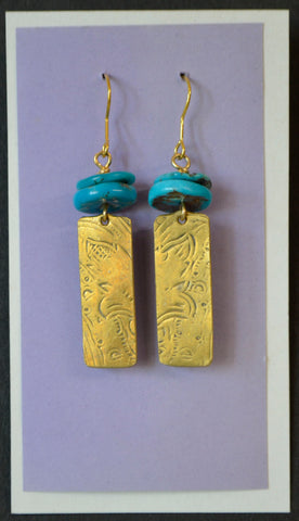 Turquoise Wafers Above Embossed Brass Rectangles Earrings