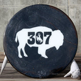 " 307 Bison " Lazy Susan Resin artist: Tina Fagan  Wyoming state mammal on a field of black & gray with swashes of dark brown. Kind of manly but who says bison or only for men? Not me!