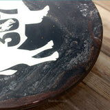 DETAILS: • 11.75” diameter x 1.25” high mdf base lazy susan/turntable colored and coated with epoxy resin      Poured in food-safe resin so it doubles as a charcuterie tray     Clean gently with glass cleaner and a microfiber cloth. Do not submerge in water     Minor scratches can typically be buffed out with a quality car polish