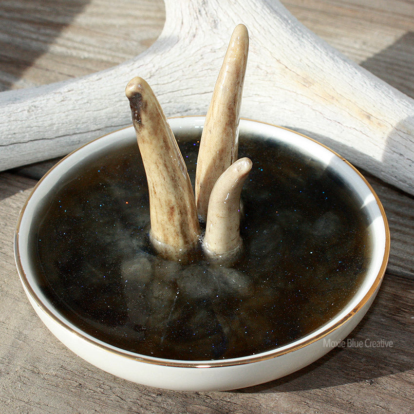 Smoky Resin with Antler Tines Heart Shaped Ring Dish