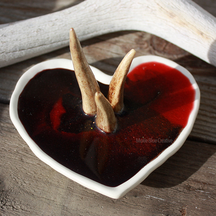 Red Resin with Antler Tines Heart Shaped Ring Dish