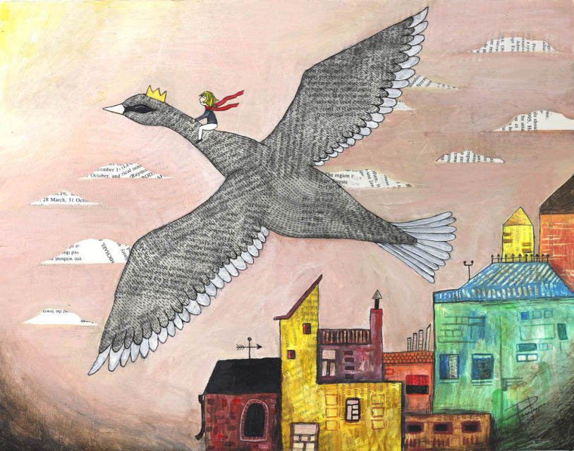"The Rescue" Large Whimsical Print Artist:  Tara Pappas Original artwork  A giant goose with a little girl with a red scarf flying on the goose back above the roof tops of a town against a pink sky   Print that can be framed   11" wide x 14" long x 1/16" deep  These print are a great way make a person smile with there whimsical designs and would be great in any room or on the fire place mantel    Please note the artwork is a copy from an original of the artist, but slight variations can be expected