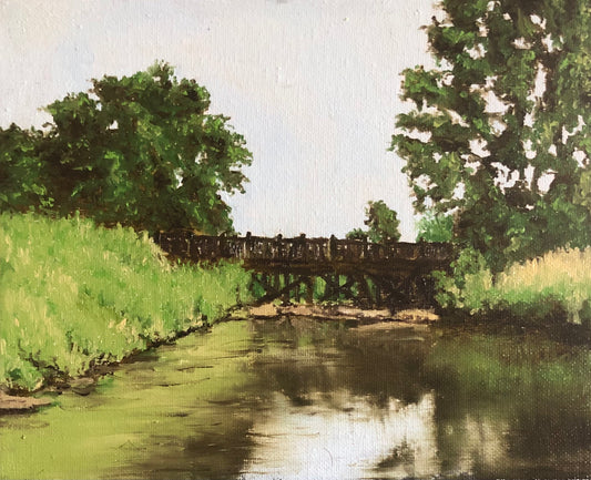 Plein air original oil painting. footbridge crossing the Laramie River in the Wyoming Territorial Prison State Park