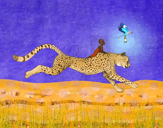 Print from Digital Painting  Starry purple night sky  Child riding a cheetah through the yellow grasses while a bird carries a blue light to guide the way  14" long x 11" high print  Framed in a brown wooden frame  17" long x 14" high x 3/4" wide as framed  Fine Art giclee print  using the finest museum quality archival inks and archival paper