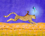 Print from Digital Painting  Starry purple night sky  Child riding a cheetah through the yellow grasses while a bird carries a blue light to guide the way  14" long x 11" high print  Framed in a brown wooden frame  17" long x 14" high x 3/4" wide as framed  Fine Art giclee print  using the finest museum quality archival inks and archival paper