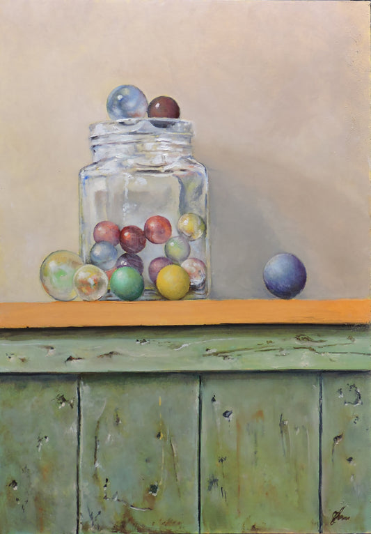 original oil painting. glass jar holding marbles 