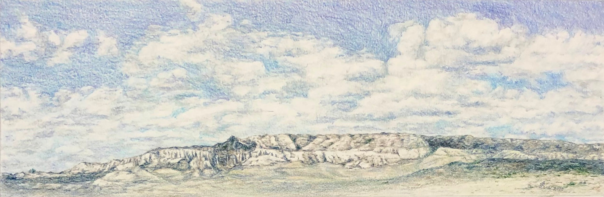 colored pencil on paper. Landscape between Laramie and Casper along the Shirley Basin Highway 487