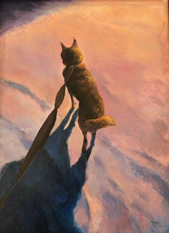Dog walking on a leash in the snow  Blank card with envelope  Image from an original oil painting by the artist  5" long x 7" high  The original was hand painted by the artist and is printed on the card 