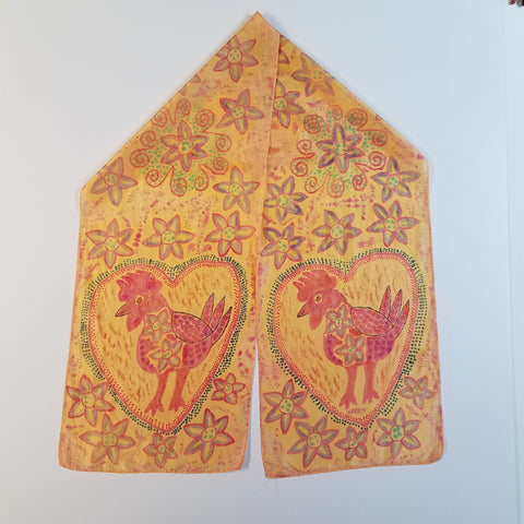 peruvian style art on a habotai silk scarf. 11"x60". Rooster design