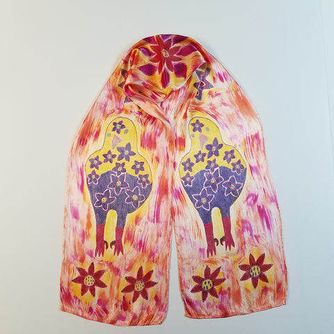 peruvian style art of an eagle and flower. hand dyed and painted on a rayon and silk scarf