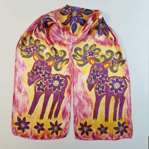 purple moose hand painted in peruvian style art on a rayon and silk scarf