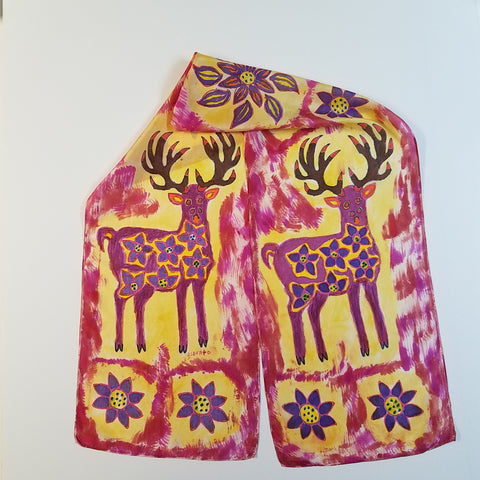 purple peruvian style deer hand painted on a habotai silk scarf