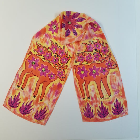 orange moose peruvian style hand painted ona crepe de chine silk scarf