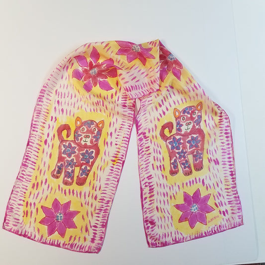 puppy and flowrs peruvian style artwork on a habotai silk scarf