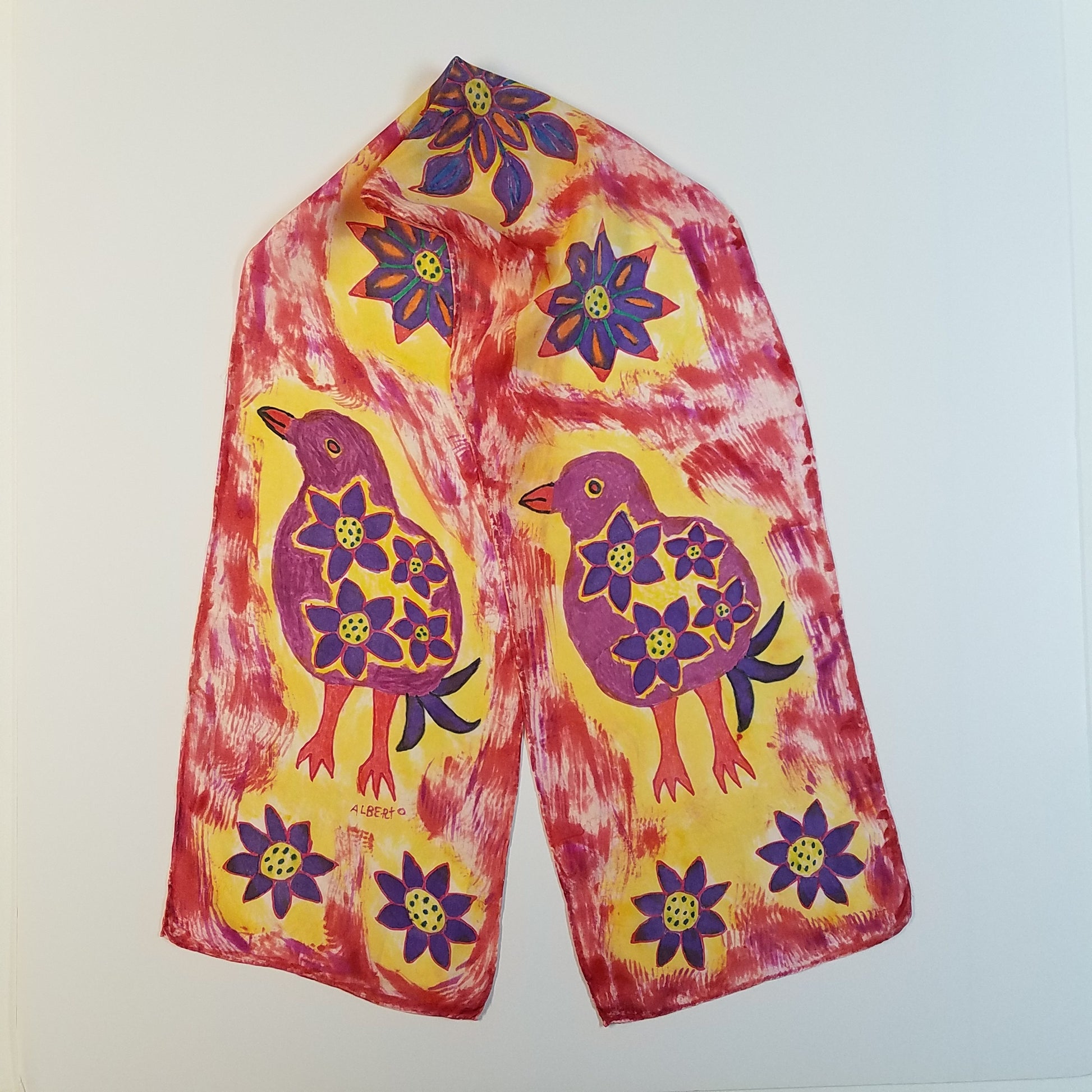 bird and flowrs habotai silk scarf. hand dyed and painted in peruvian style