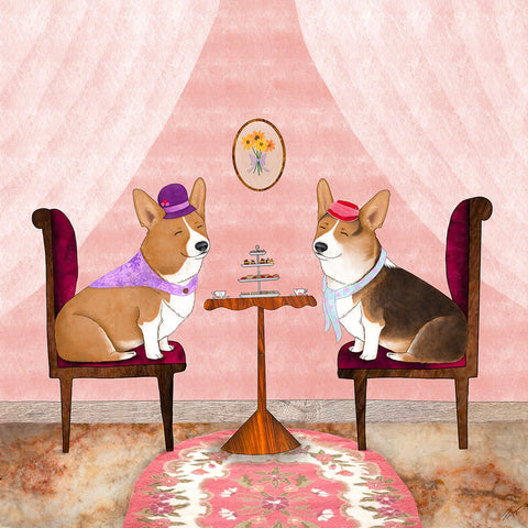 " Afternoon Tea " Corgis Having Tea Print Artist: Tara Pappas  Digital Painting  Two Corgis have tea while sitting on chairs at a table  High quality museum-grade archival giclee print  12" long x 12" high print  Certificate of Authenticity attached to the back  Comes in protective plastic sleeve  Attached to foam board for added protection  Ready for a frame  Would be a wonderful addition to any room in your home