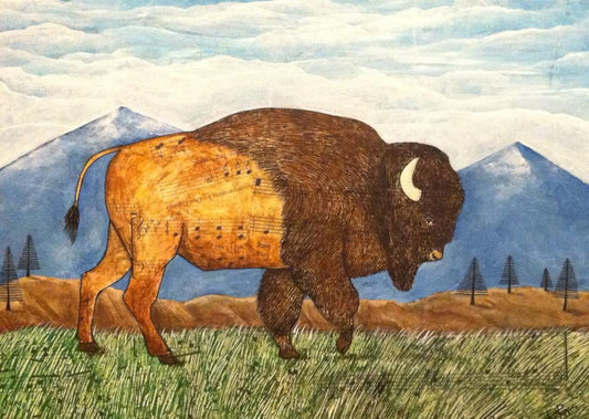 "Range Roamer" Large Whimsical Print Artist:  Tara Pappas Original artwork  A buffalo with music on him strolling along on the green plains with mountain background   Print that can be framed   9" wide x 12" long x 1/16" deep  These print are a great way make a person smile with there whimsical designs and would be great in any room or on the fire place mantel    Please note the artwork is a copy from an original of the artist, but slight variations can be expected