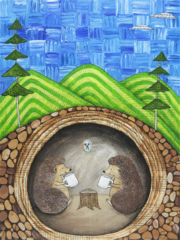 "Tea Time" Large Whimsical Print Artist:  Tara Pappas Original artwork  Two hedgehogs having tea in the den in the mountains and tree against a blue sky  Print that can be framed   11" wide x 14" long x 1/16" deep  These print are a great way make a person smile with there whimsical designs and would be great in any room or on the fire place mantel    Please note the artwork is a copy from an original of the artist, but slight variations can be expected