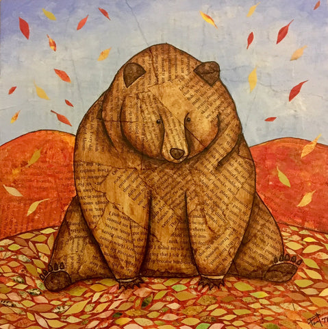 "Rooted Fall" Large Whimsical Print Artist:  Tara Pappas Original artwork  A bear sitting with its paws on the ground against a fall background of red and yellow leaves   Print that can be framed   10" wide x 10" long x 1/16" deep  These print are a great way make a person smile with there whimsical designs and would be great in any room or on the fire place mantel    Please note the artwork is a copy from an original of the artist, but slight variations can be expected