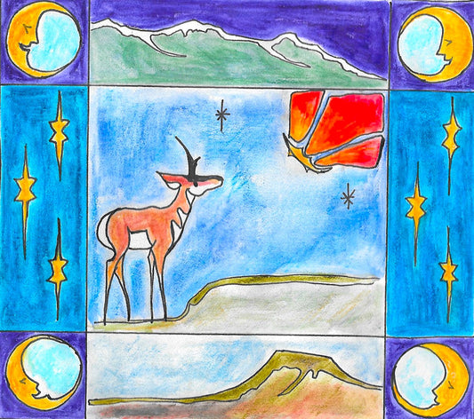 a lone buck antelope looks up to a shooting star. the four phases of the moon adorn the corners of the card with yellow stars along the side.  mountain ranges are the boarders above and below