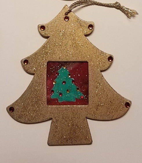 wooden tree shaped ornament with fabric tree inlay