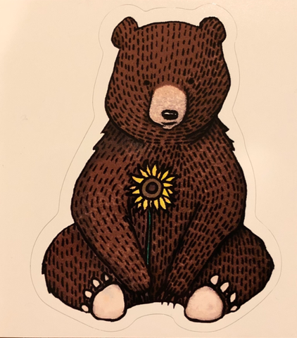 Bear With Sunflower Sticker Artist:  Tara Pappas  Brown bear holding a single yellow sunflower  2 1/2" long x 3" high  Perfect for decorating water bottles or laptops