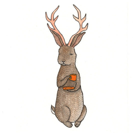 sticker of a jackalope holding an orange mug and saucer