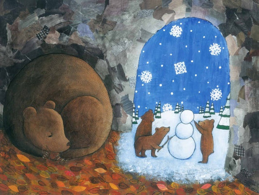 " First Snow "  Bear Cubs Snowman Whimsical Print