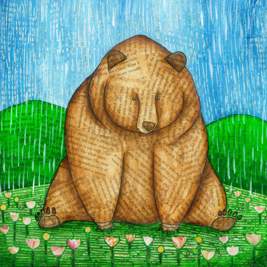 Print from Original mixed media artwork  Bear sitting in a field of flowers  Print that can be framed   10" wide x 10" long x 1/16" deep  These prints are a great way to make a person smile with their whimsical designs and would be great in any room or on the fire place mantel  