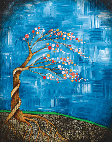 Print from Original artwork  Tree that has been bent in the breeze  Print that can be framed   11" wide x 14" long x 1/16" deep  These prints are a great way to make a person smile with their whimsical designs and would be great in any room or on the fire place mantel  