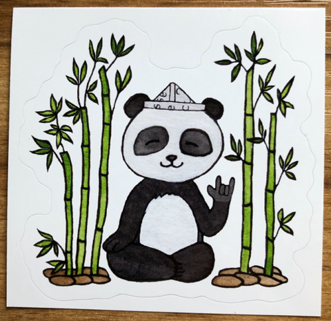 " I Love You " Panda Sticker Artist:  Tara Pappas  Whimsical sticker of a panda with bamboo  Panda is signing I Love You  Sticker have a white background  2 1/2" Long x 2 1/2" Wide  Would look great on a water bottle or laptop  Please note this is a copy from an original of the artist, but slight variations can be expected