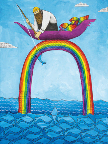 Print from Original artwork  Man fishing from the top of a rainbow  Print that can be framed   9" wide x 12" long x 1/16" deep  These prints are a great way to make a person smile with their whimsical designs and would be great in any room or on the fire place mantel  