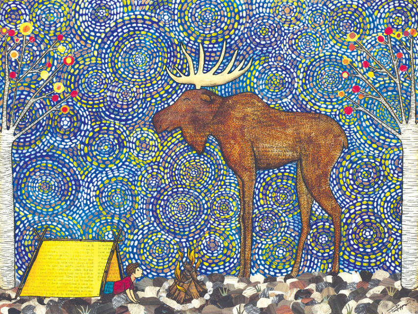 Print from Original artwork  Moose visiting a boy camping  Framed giclee print  12" wide x 16" long x 1/16" deep  Framed in a black wooden frame  D-ring with wire on the back for hanging  This framed print will add whimsy to any room in your home