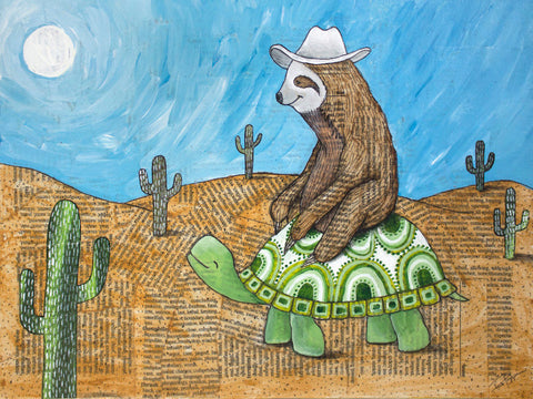 Print from Original Mixed Media artwork  Cowboy Sloth riding through the desert on the back of a turtle   Print that can be framed   9" wide x 12" long x 1/16" deep  These prints are a great way to make a person smile with their whimsical designs and would be great in any room or on the fire place mantel  