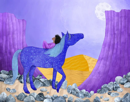 " The Light Within " Digital Art Print Artist: Tara Pappas Print from Original Digital Painting  Blue horse looking up at the moon while a child is laying on the horses back. Standing in a purple canyon  Choose from: