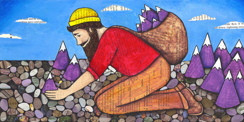 Print from Original Mixed media artwork  Man planting mountains like a garden  Print that can be framed   12" wide x 6" long x 1/16" deep  These prints are a great way to make a person smile with their whimsical designs and would be great in any room or on the fire place mantel  