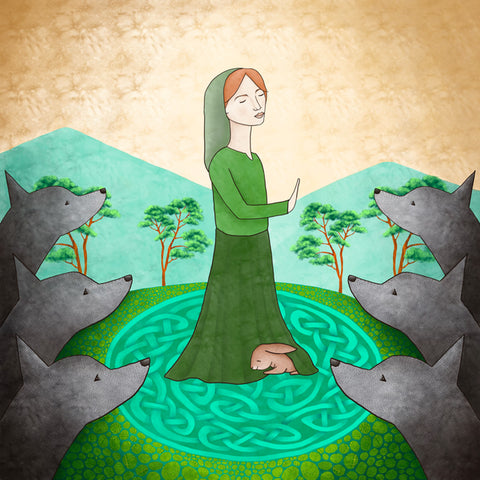 From an Original Digital Painting  Red headed Irish girl with a bunny standing at her feet as she quietly holds the wolves on both sides  High quality museum-grade archival giclee print