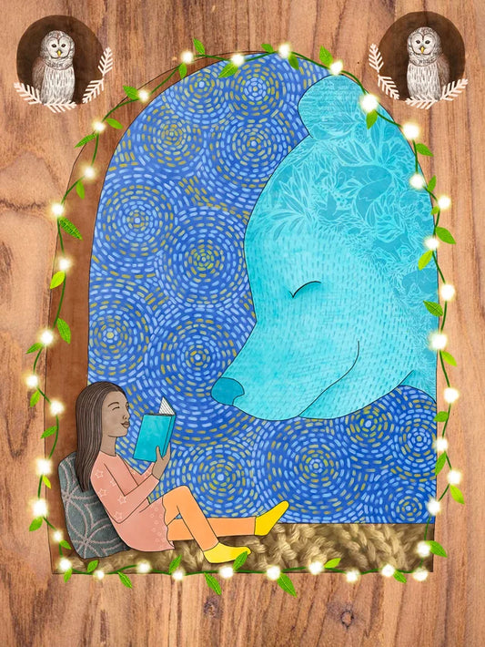 From an Original Digital Painting  Big blue bear looking in as a little girl reads a book and two owls stand watch  High quality museum-grade archival giclee print