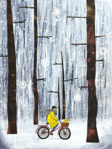 Bicycling in the snow under winter trees  Man and his dog, in the basket, riding a bike through the snowy forest  Print that can be framed   12" wide x 16" long x 1/16" deep